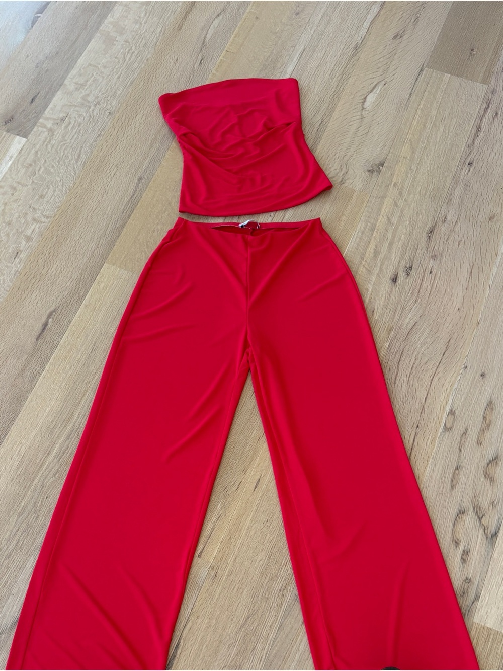 Zara Flowy Red Strapless Crop Top with Wide-Leg Pants